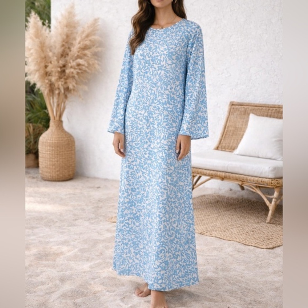 Veiled Azure Blue Floral Pleated Maxi Dress Resort Vacation Modest
